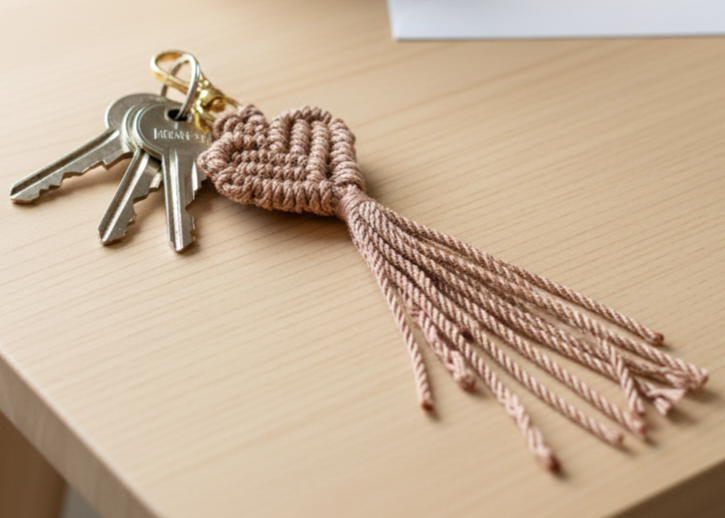 Keychain with tassel on a wooden surface next to a vase and envelope